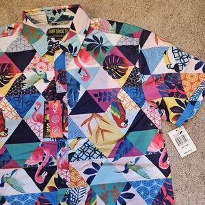 Surf Society Drill Clothing Tropical Hawaiian Flamingo Birds Mens Large Buttons